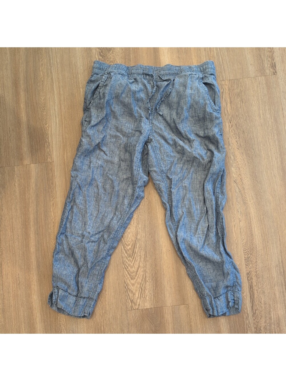 L.L Bean Capri Pants Linen Drawstring Blue office Casual Travel Pull On 10 P